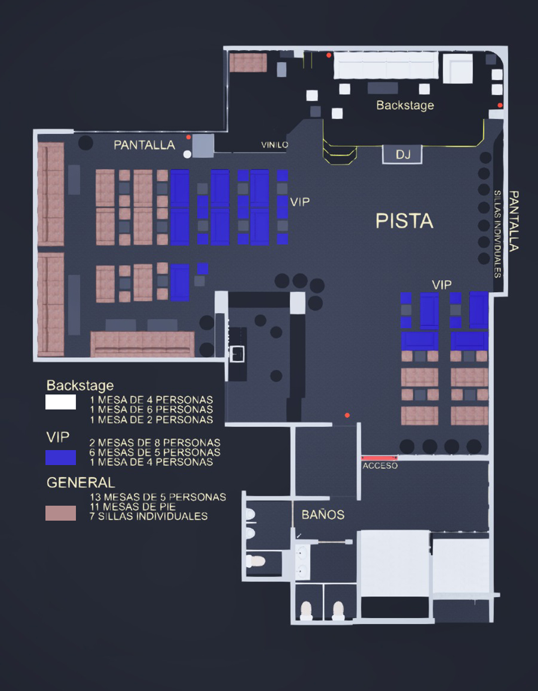 Plano de Clandestino con las zonas Backstage, VIP y General